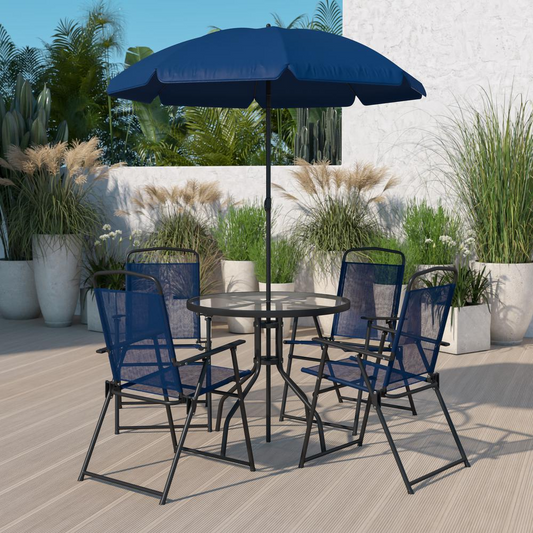 Nantucket 6 Piece Navy Patio Garden Set with Umbrella Table and Set of 4 Folding Chairs